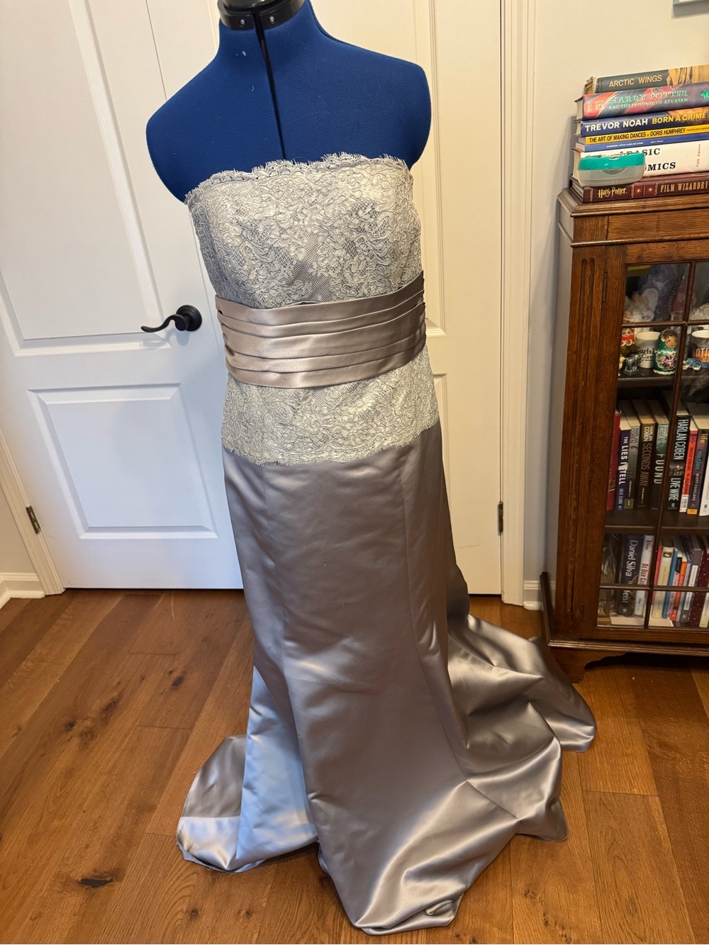 Strapless Lace Bodice Satin Gown in Silver Gray